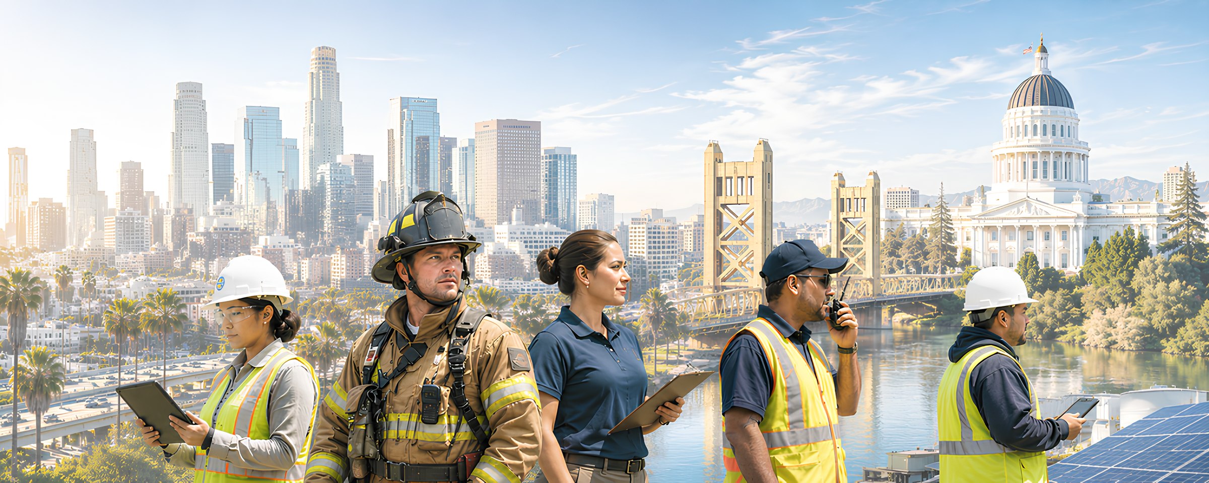 Team of public agency safety professionals, including a firefighter, safety inspectors, and field staff, with the Los Angeles and Sacramento skylines in the background.
